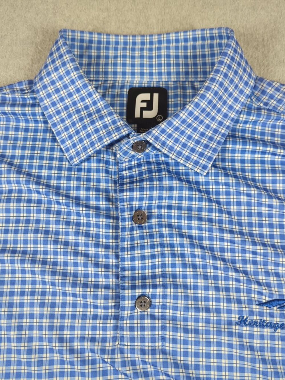 FootJoy Polo Shirt Mens Large Blue Plaid Golf Performance Stretch Heritage Palms
